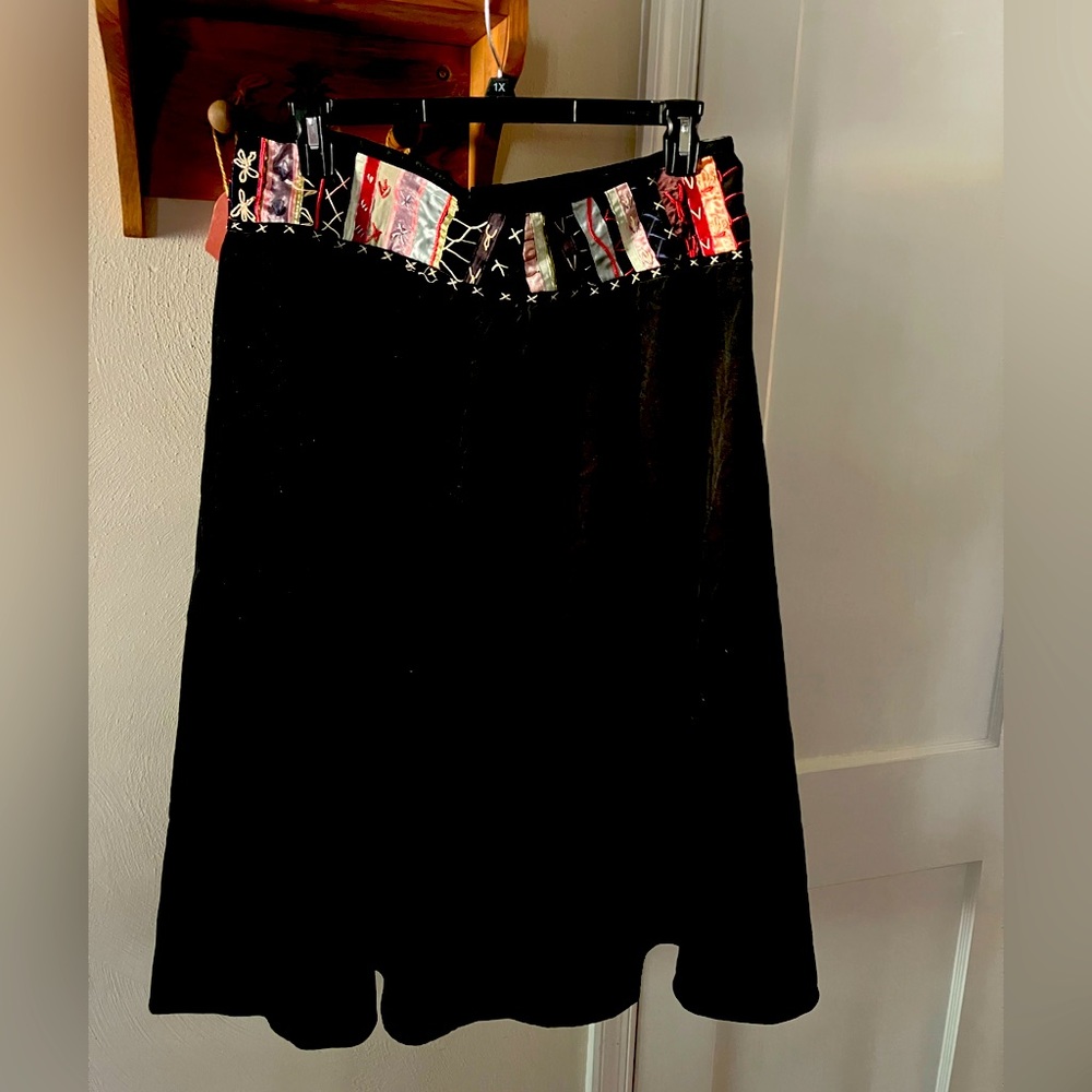 Autograph full skirt Maxi length narrow black corduroy. Embroidered ribbon waist